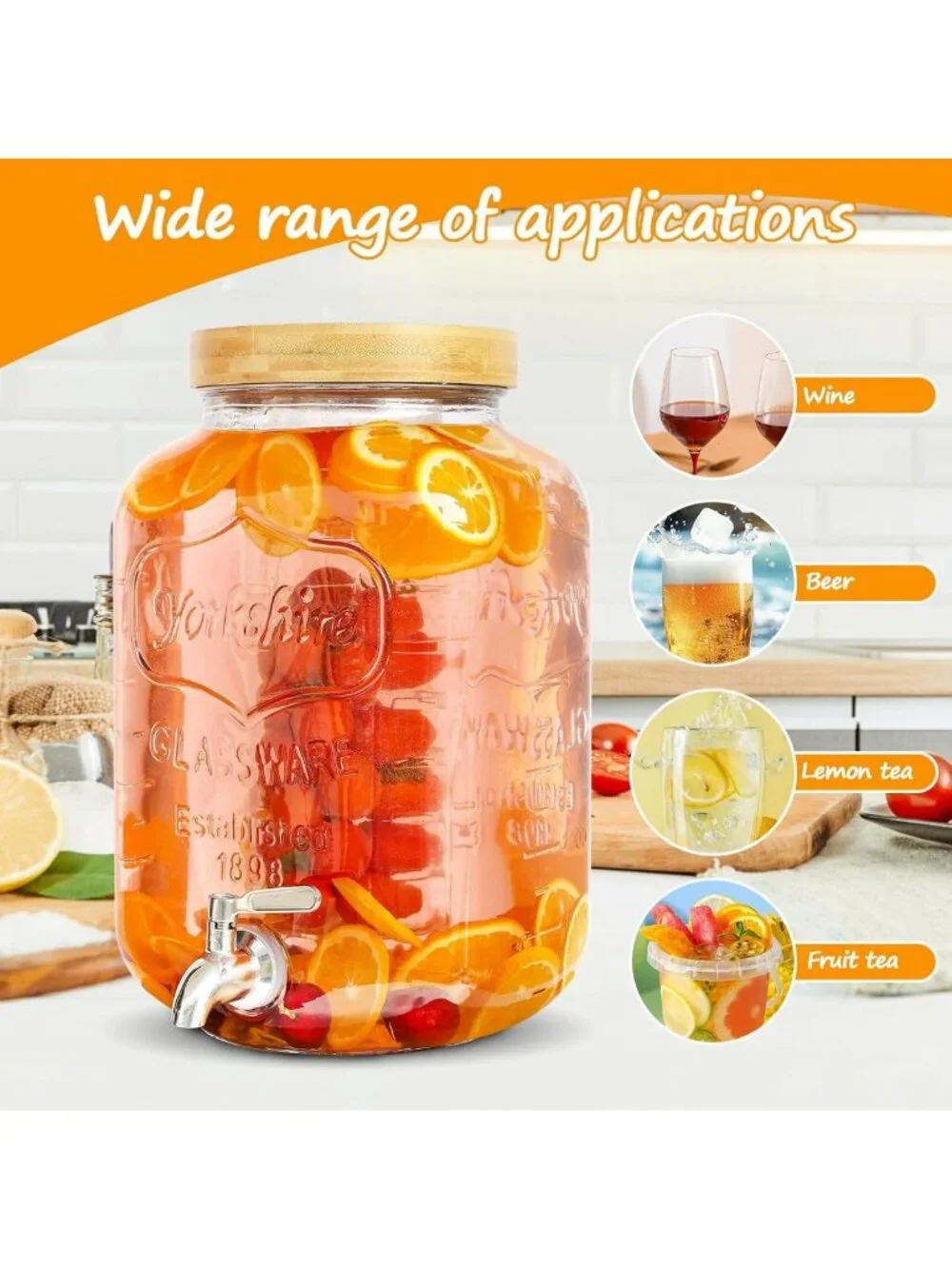 2 Gallon Glass Beverage Dispenser with Wood Stand & Stainless Steel Spigot